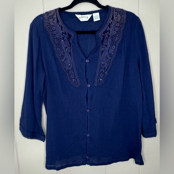 Orvis 100% Cotton Gauze Pin Tuck Boho 3/4 Sleeve Blouse Small - Picture 1 of 9